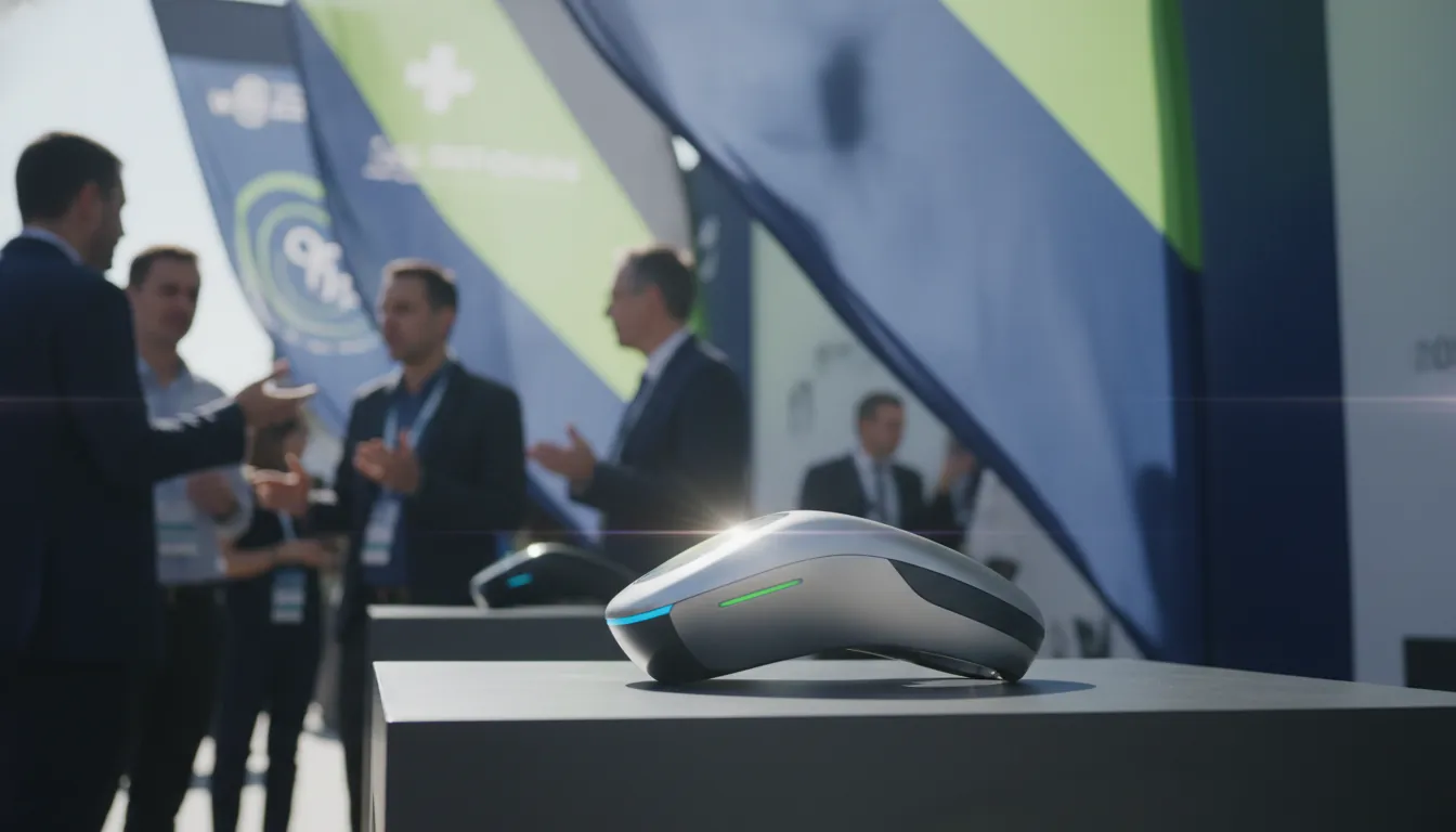 A medical device prototype showcased at a tech expo, surrounded by blurred attendees.