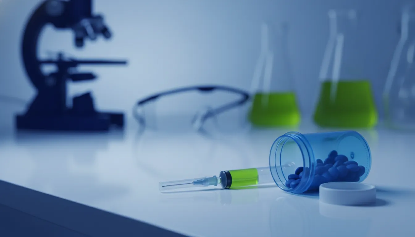 A pill bottle and syringe on a lab bench in a dimly lit clinical setting.