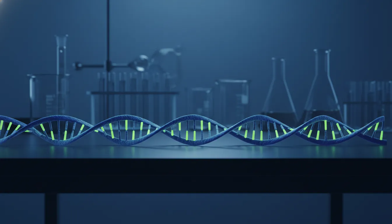 A DNA strand on a lab bench in a dimly lit laboratory