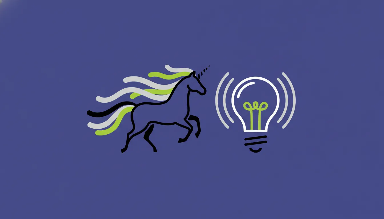 A minimalist illustration of a unicorn and a light bulb representing tech innovation.