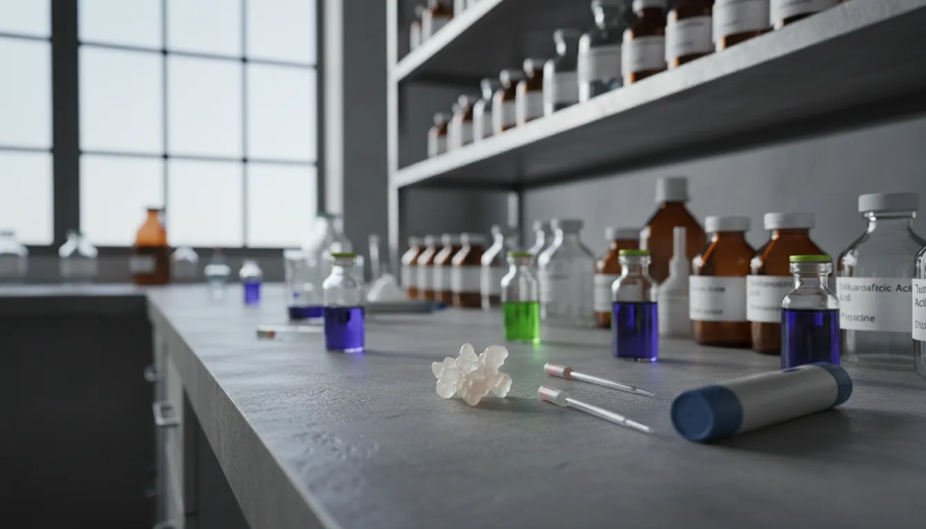 A small molecule drug compound on a lab bench with chemical reagents in the background.