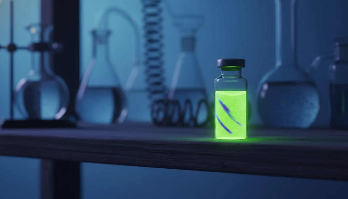 A laboratory vial with a drug compound in a dimly lit lab setting.