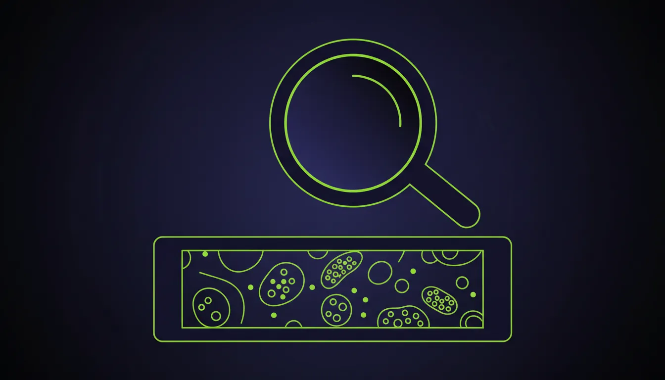 A minimalist illustration of a pathology slide and magnifying glass in a dark color scheme.