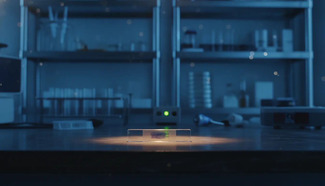 A tissue slide in a dimly lit pathology lab, showcasing the PD-L1 biomarker analysis.