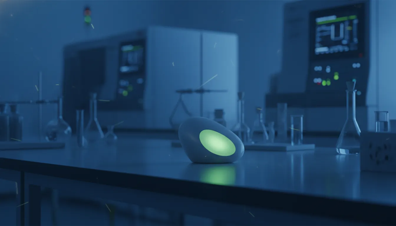 A voice AI device on a lab bench in a dimly lit laboratory
