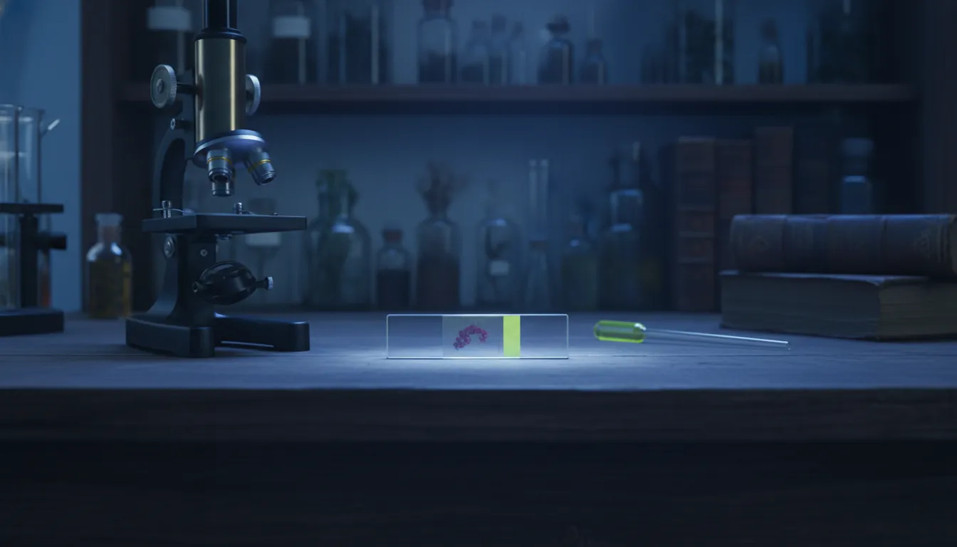 Specimen slide on a lab bench with a microscope in the background