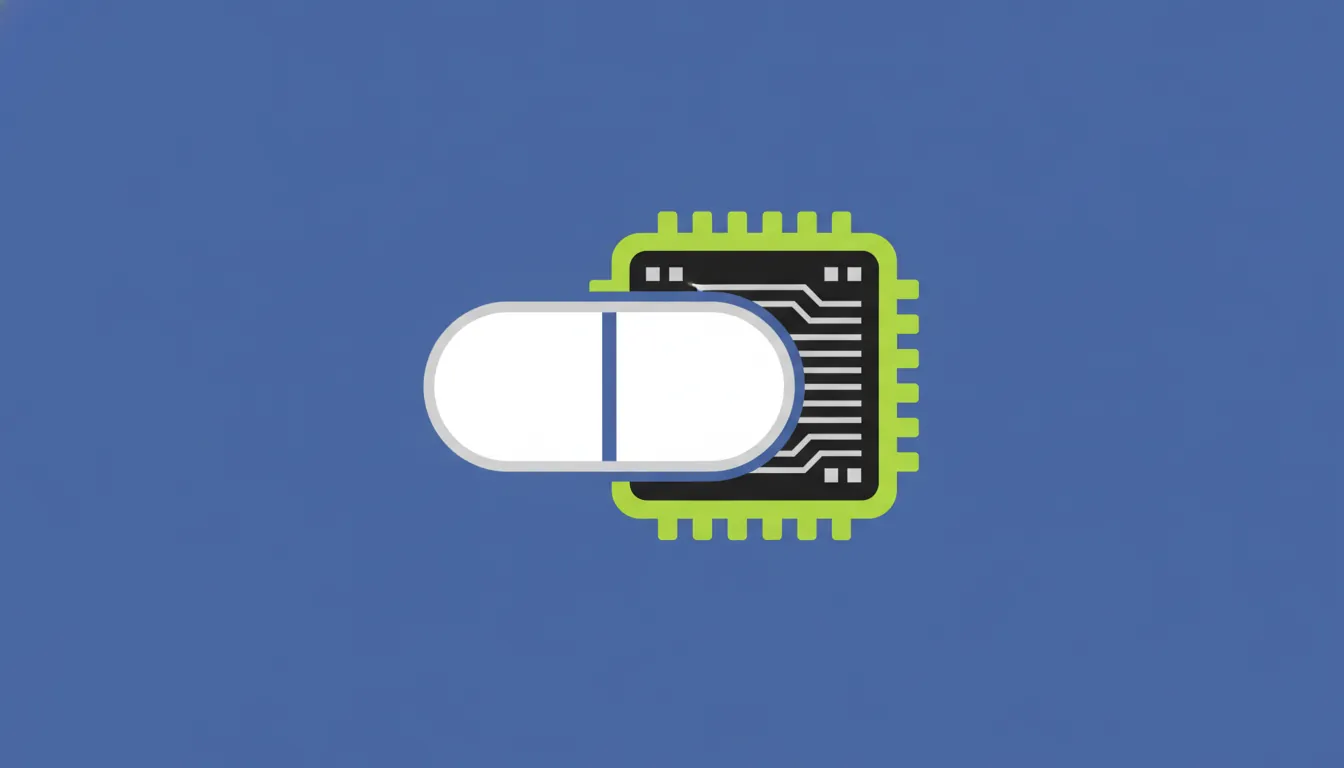A minimalist illustration of a pill and a computer chip symbolizing AI in drug development.