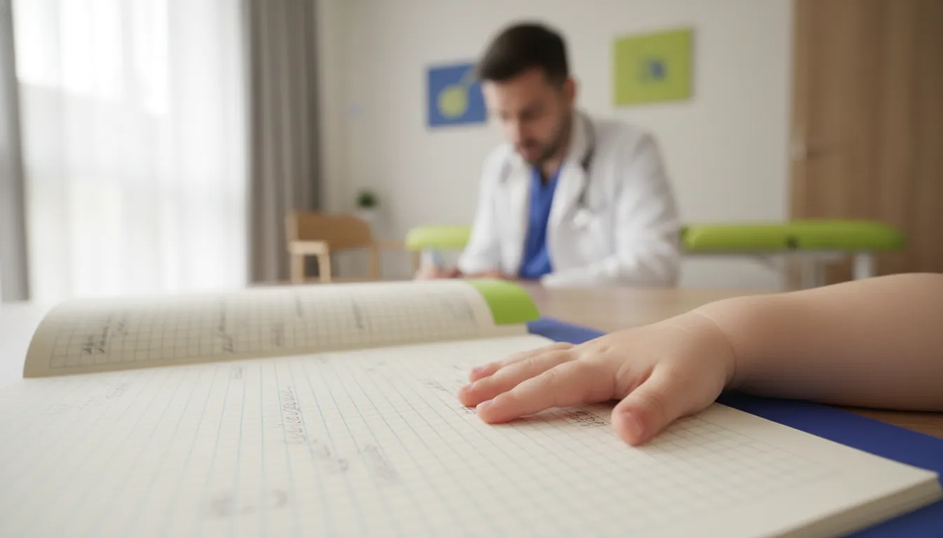 A child's hand on a medical chart in a pediatric clinic