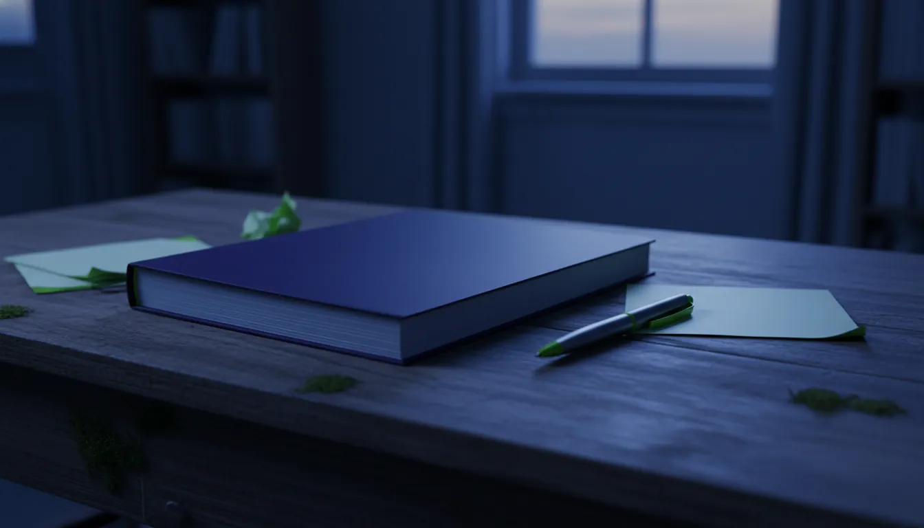 A regulatory document and pen on a desk in a dimly lit office setting.