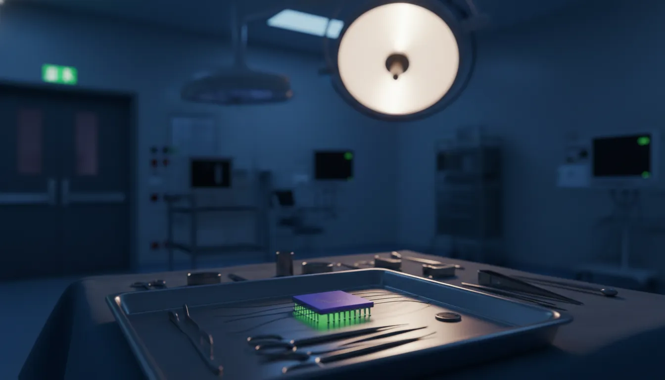 An implantable brain-computer interface on a surgical tray in a dimly lit clinical setting.