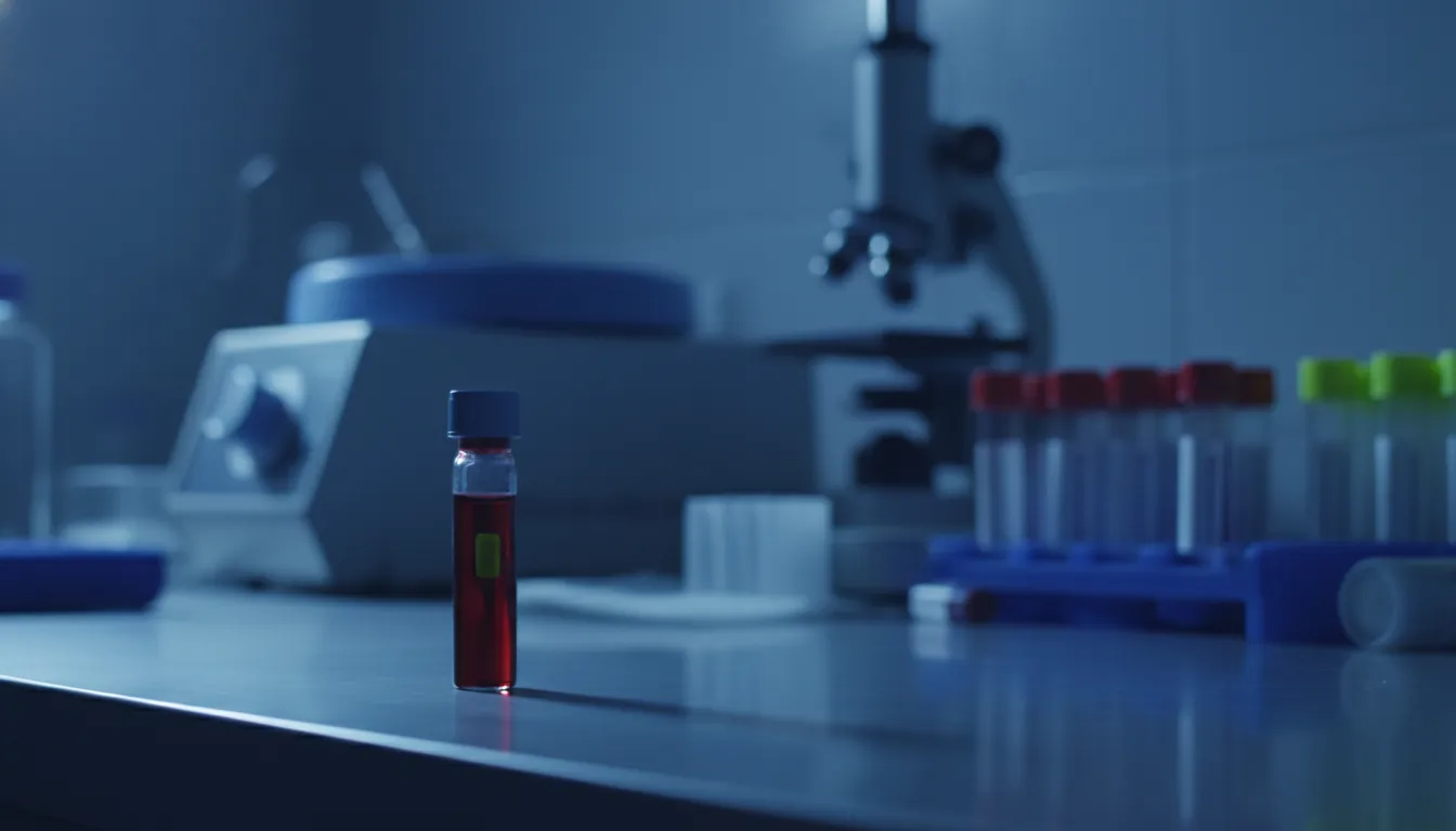 A blood sample vial on a lab bench in a dimly lit laboratory