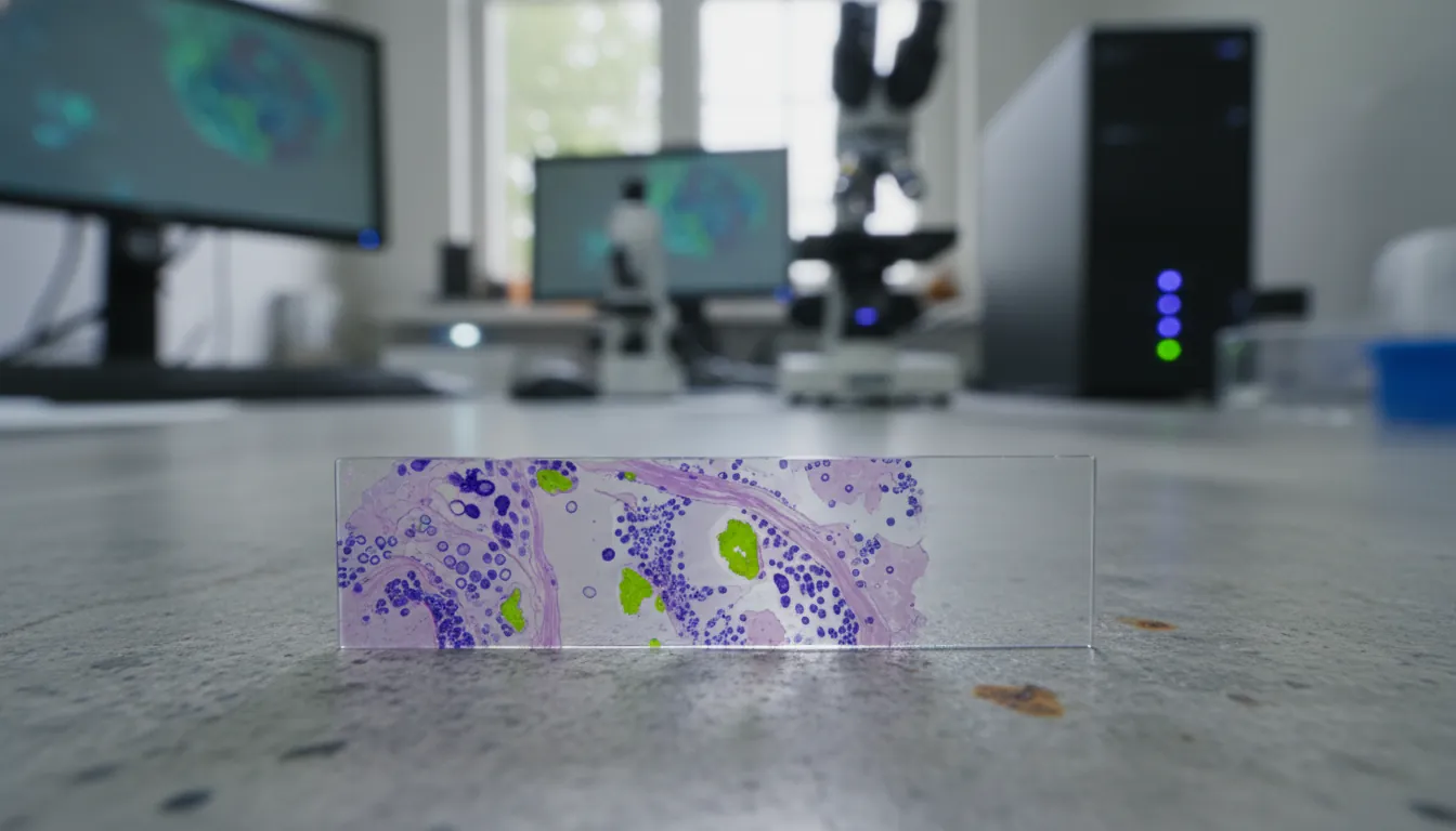 Tissue sample on a lab bench with digital pathology equipment in the background.