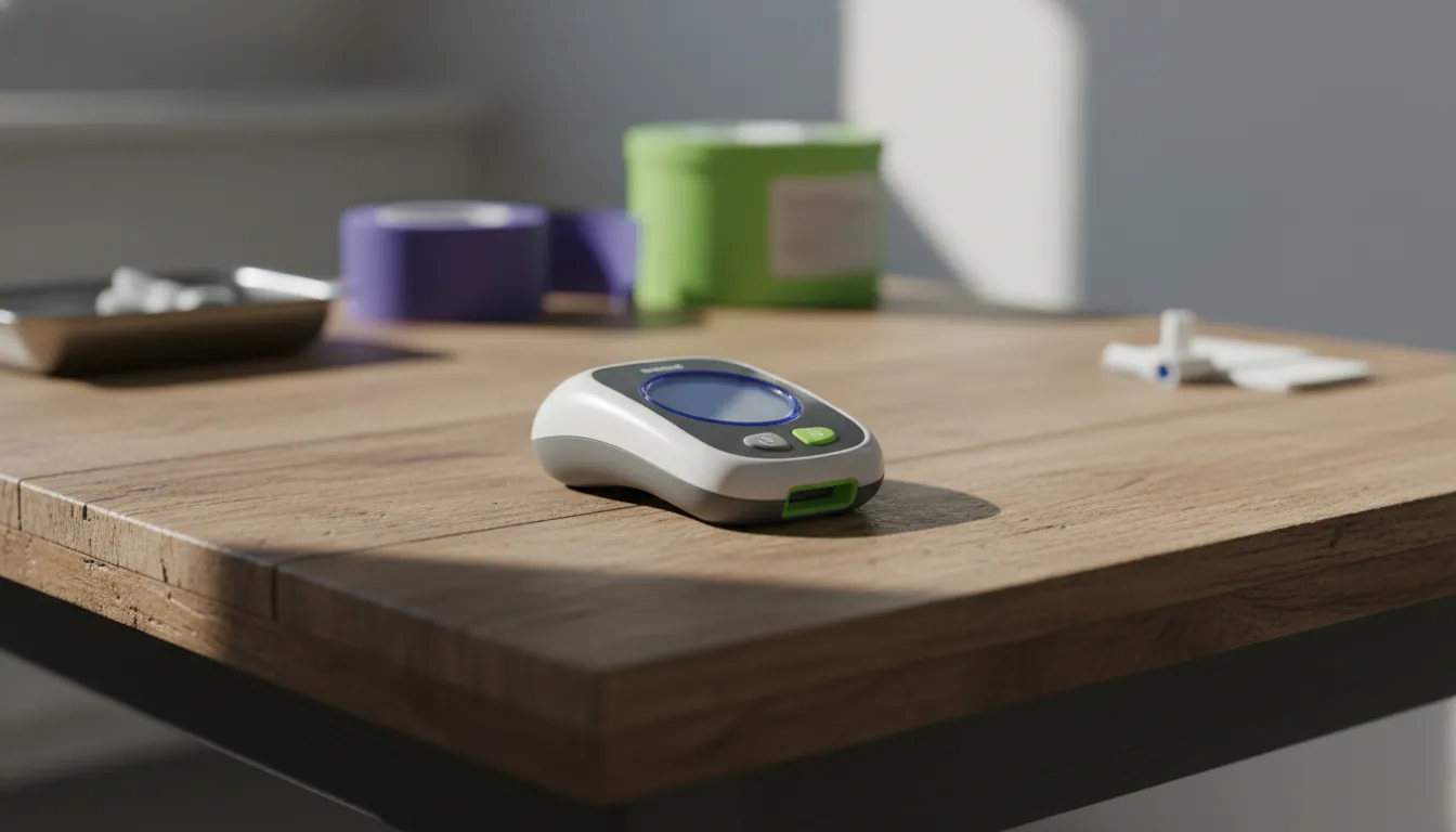 A dual glucose-ketone sensor on a wooden table in a clinical setting.