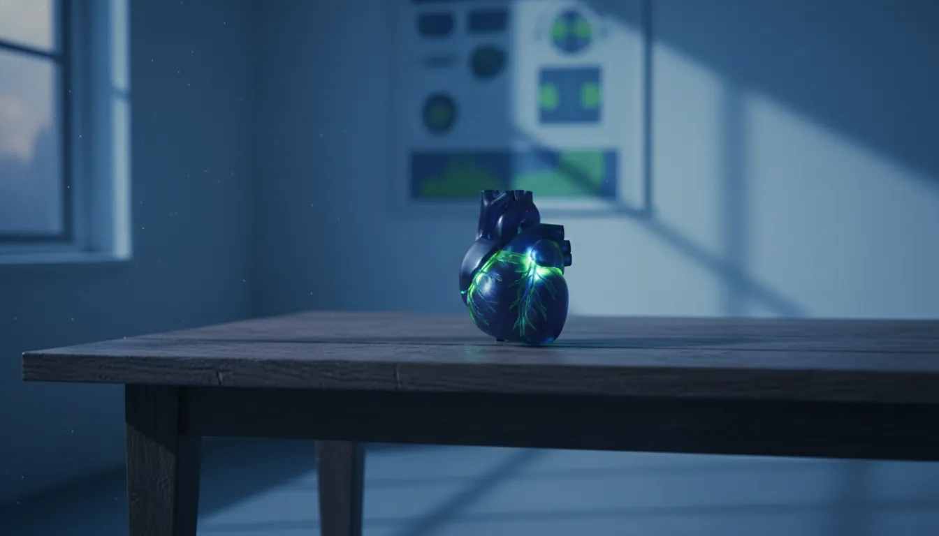 A heart model in a clinical setting with a medical chart in the background.