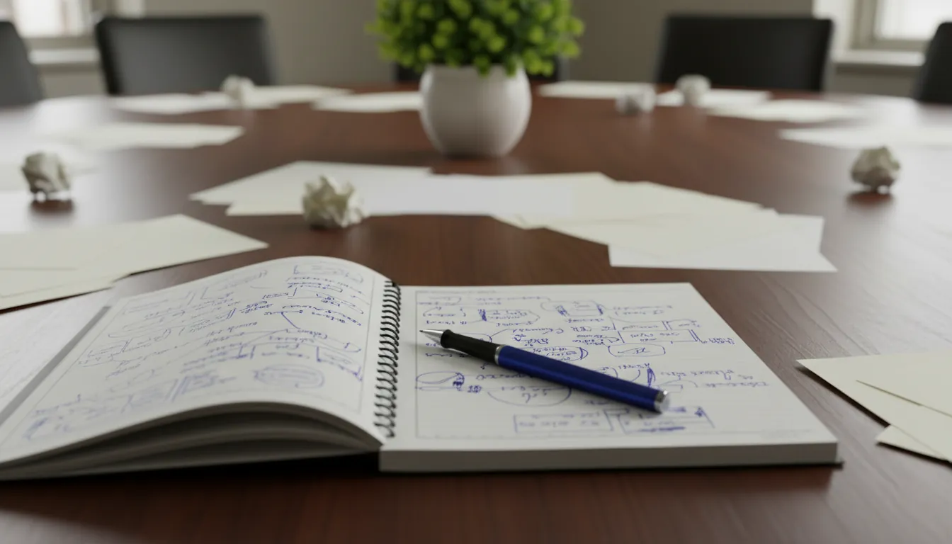 Open notebook with notes and a pen on a conference table