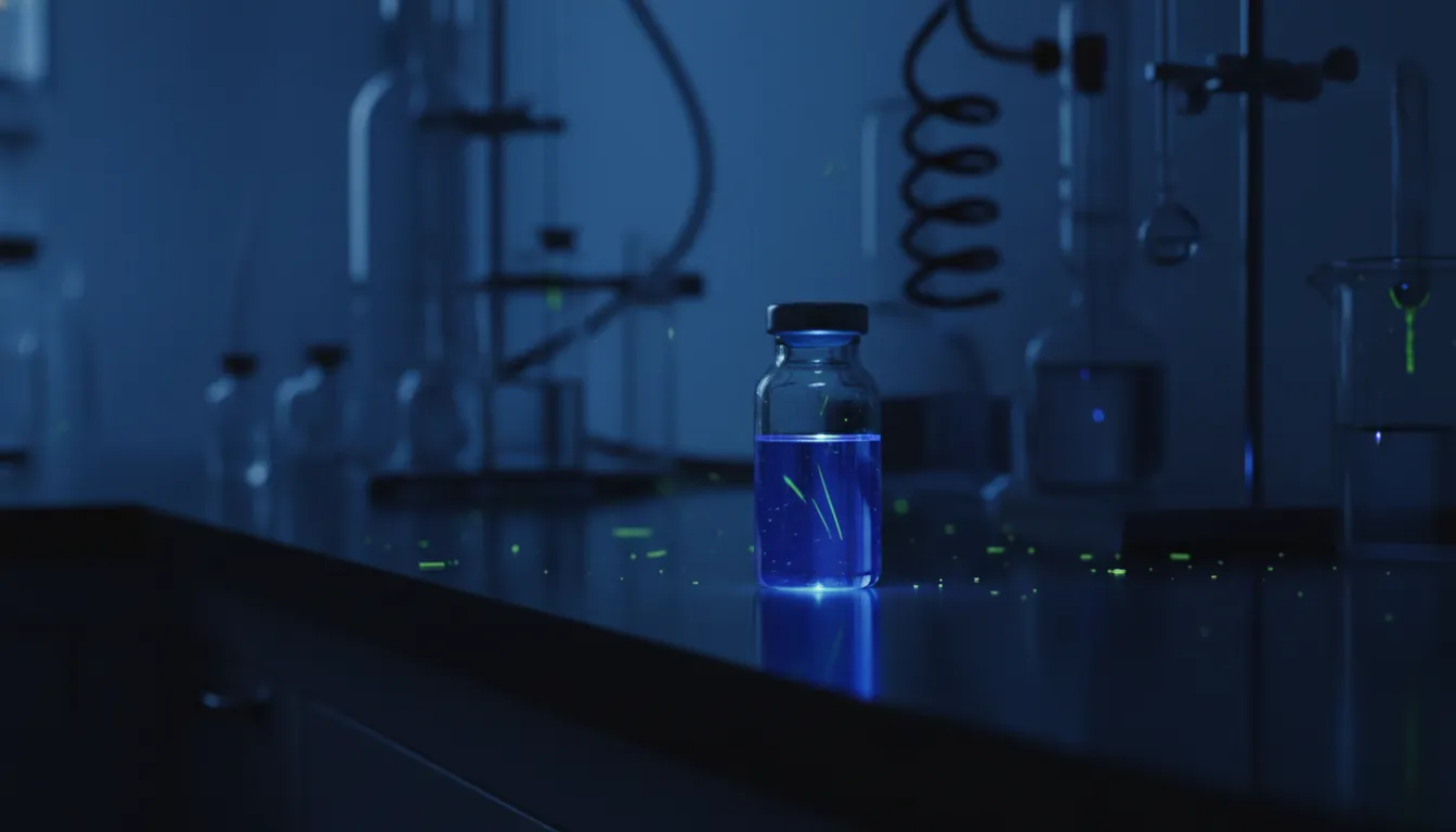 A glass vial on a lab bench in a dimly lit laboratory setting.