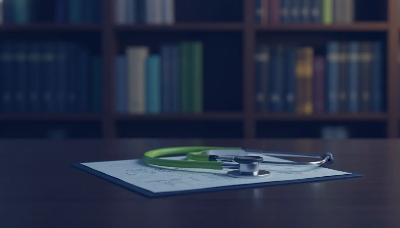 A stethoscope on a medical chart in a dimly lit consultation room