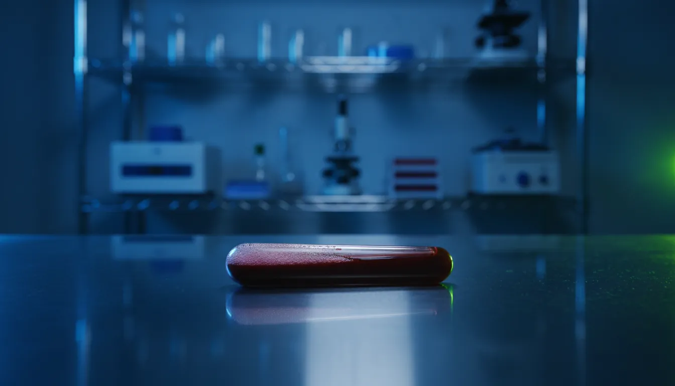 A blood sample in a test tube on a lab bench