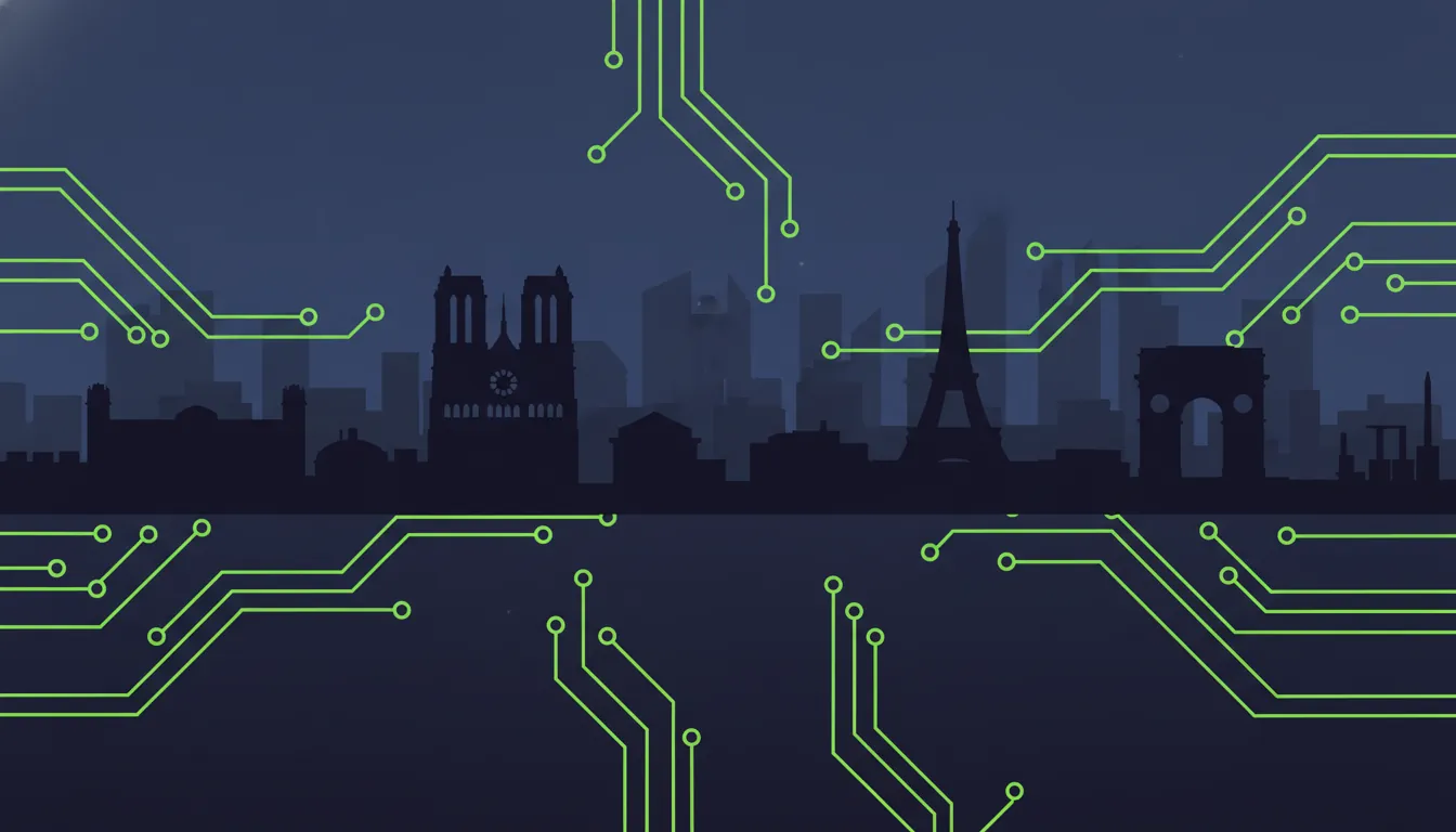 Minimalist illustration of Paris skyline with AI elements
