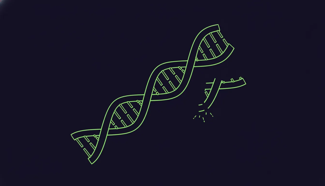 Minimalist illustration of a DNA strand and oligonucleotide in dark colors with lime accents.