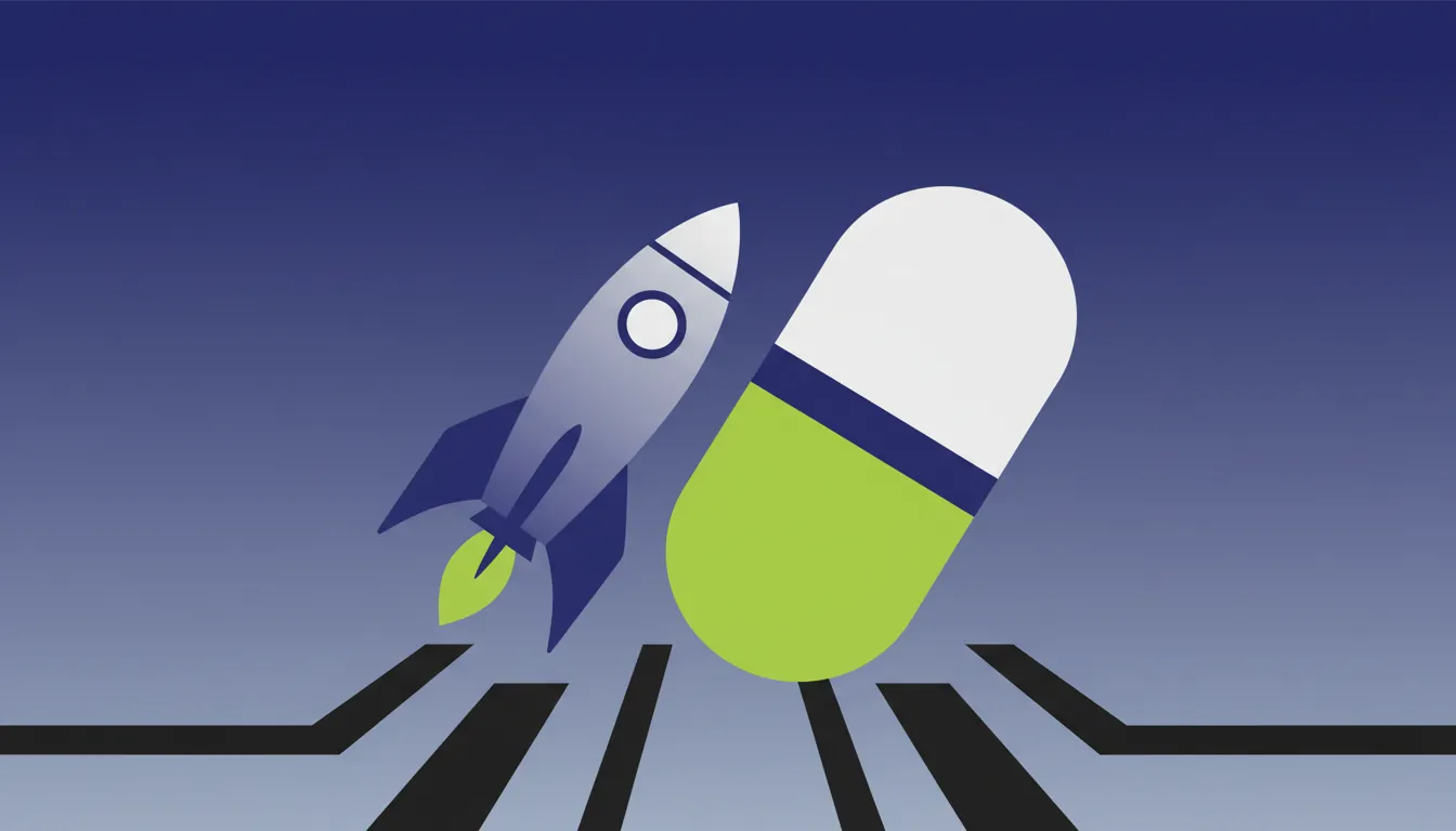 A minimalist illustration of a nano-rocket and a drug capsule on a solid background.