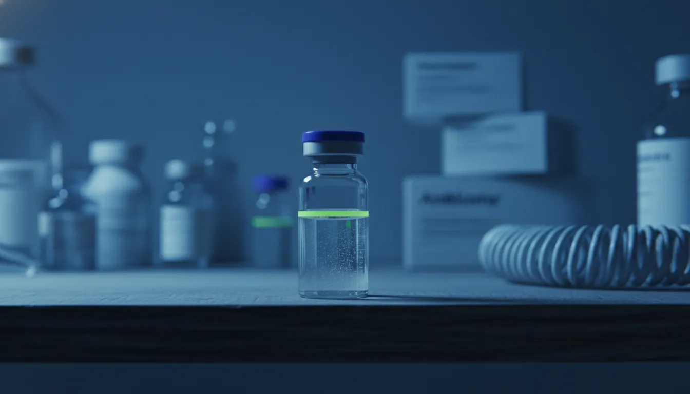 A vial of AmBisome on a laboratory shelf in a dimly lit setting.