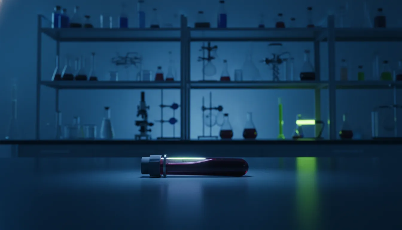 A blood sample in a test tube on a lab bench, surrounded by softly lit laboratory equipment.