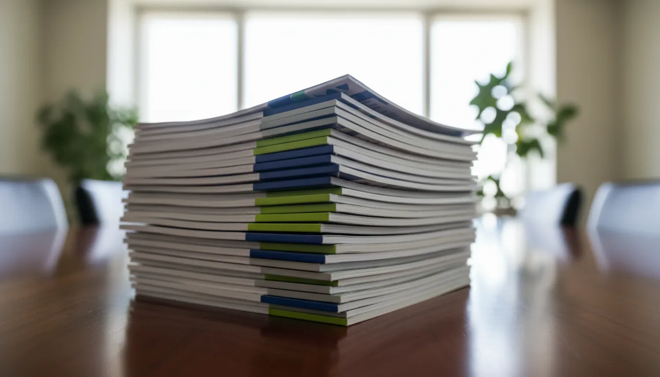 A stack of pharmaceutical brochures on a conference table in a bright room.