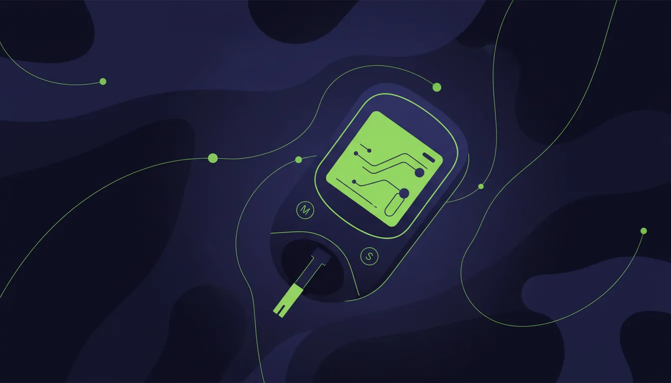 A minimalist illustration of a glucose meter in a dark palette, representing diabetes management.