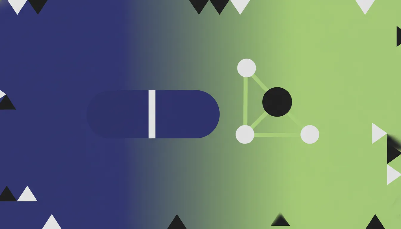 A minimalist illustration of a pill and a molecule on a solid background.