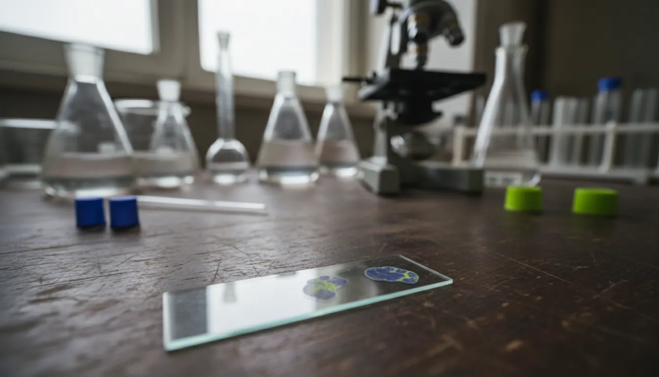 A tissue sample on a glass slide in a laboratory setting