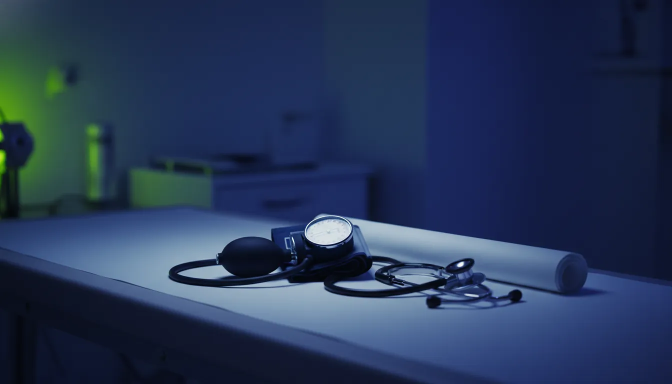 A blood pressure cuff and stethoscope in a clinical setting