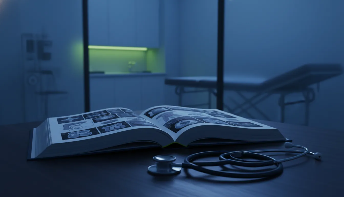 Open medical imagery book in a clinical setting