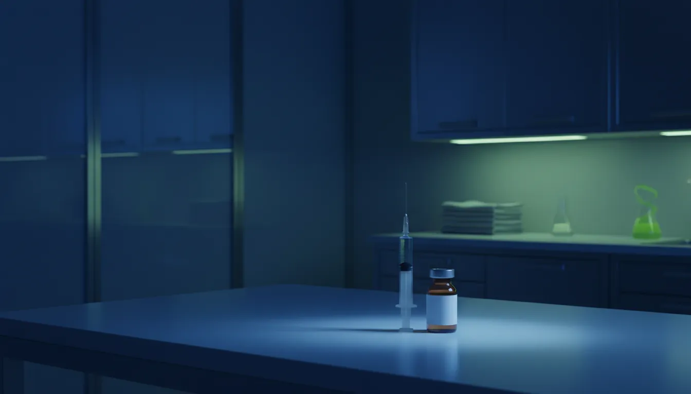 A syringe and vaccine vial in a clinical setting