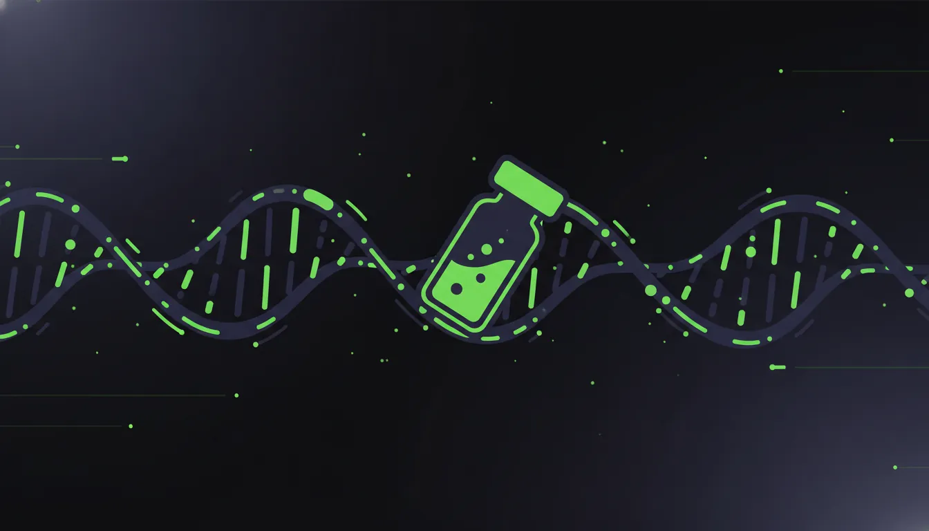 A minimalist illustration of a genetic strand and therapy vial on a dark background.