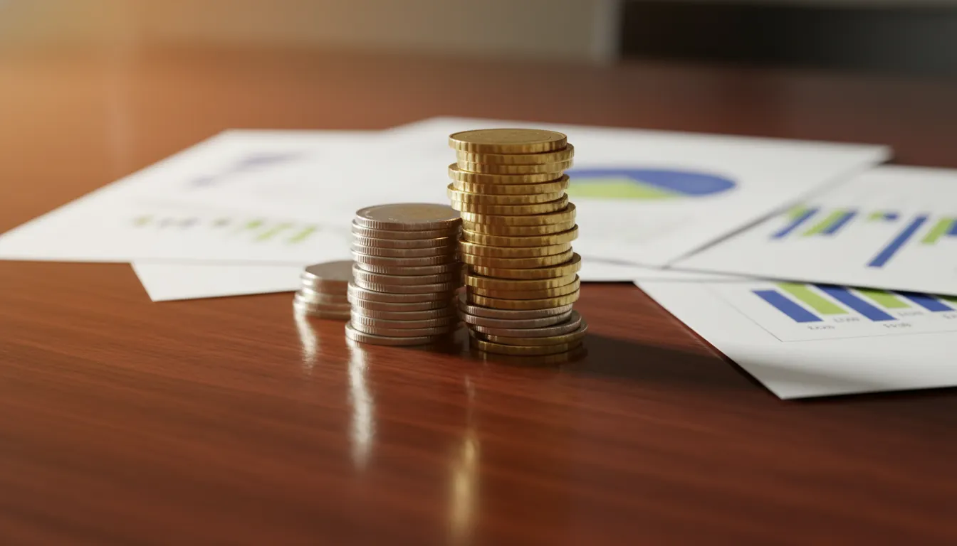 A stack of coins on a desk with financial documents in the background.
