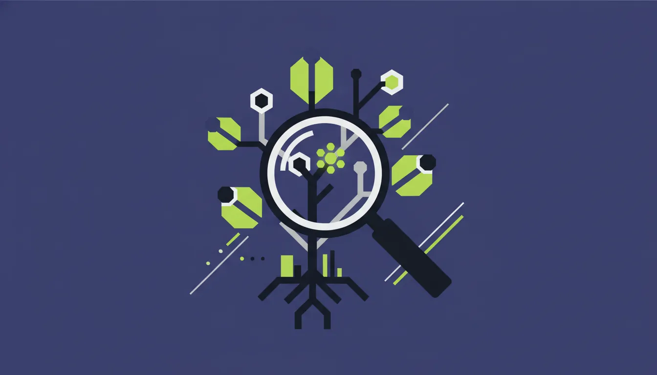 A minimalist illustration of a magnifying glass over a biotech plant, symbolizing workforce assessment in biotechnology.