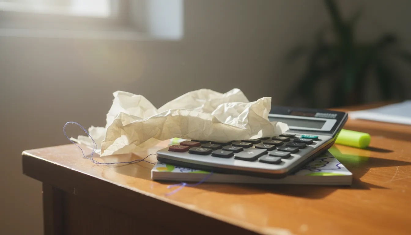 A medical billing document and calculator on an office desk
