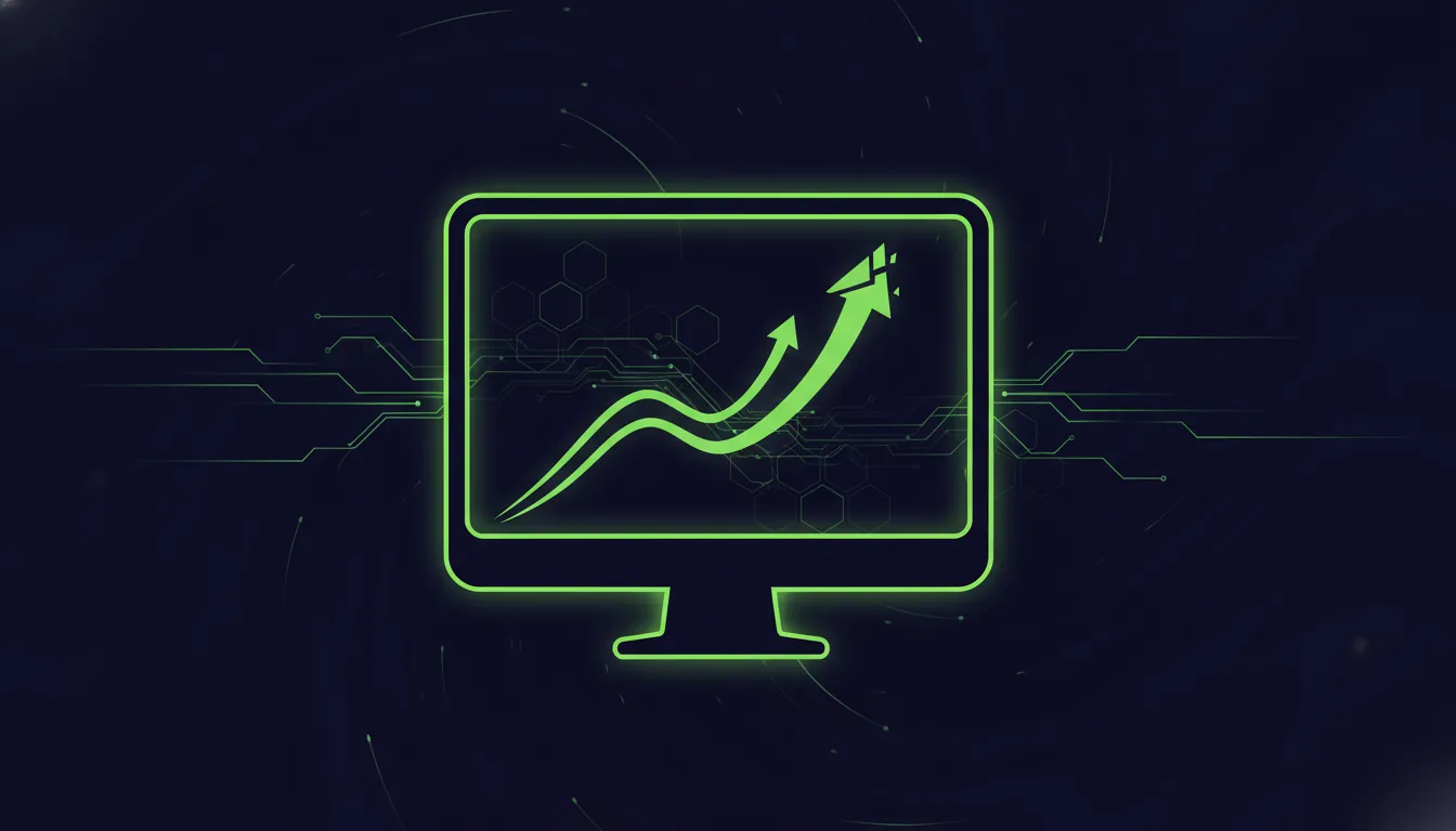 Stylized computer screen with a rising graph line