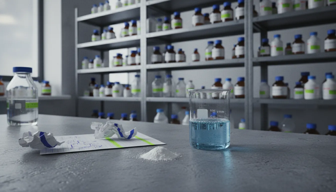 A small-molecule drug compound on a lab bench in a biopharmaceutical lab