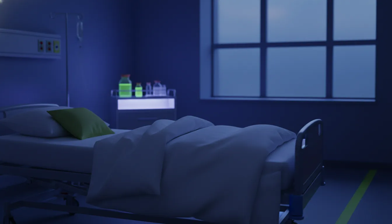 A hospital bed in a dimly lit room with medical equipment in the background.