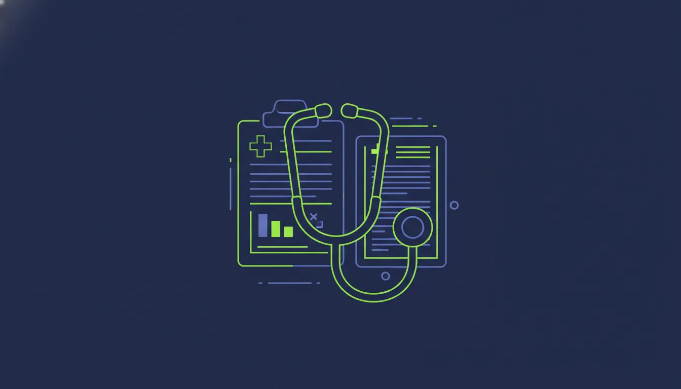 A minimalist illustration of a stethoscope and hospital records in a dark palette.