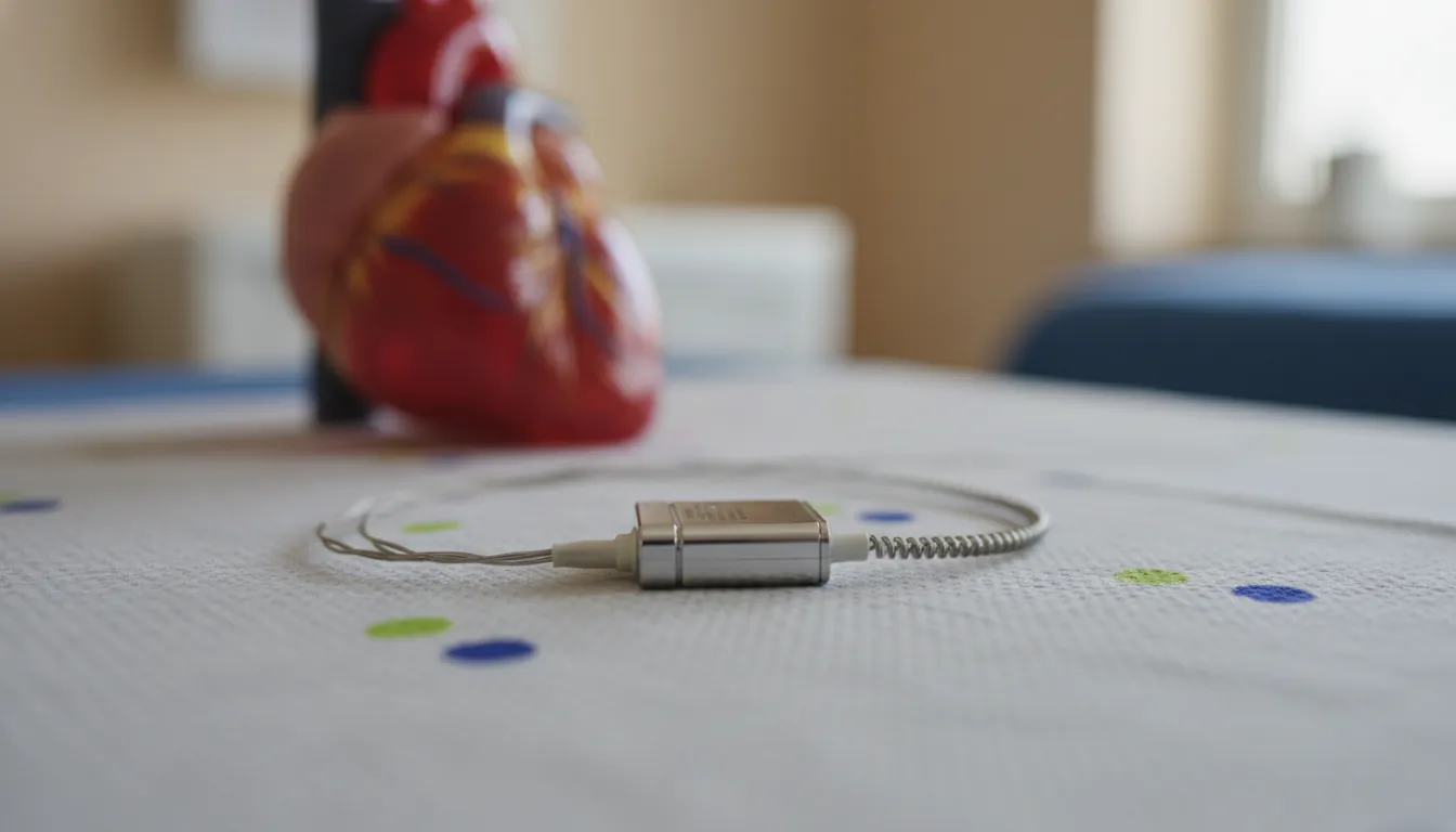 A cardiac device on a clinical surface with a heart model in the background.