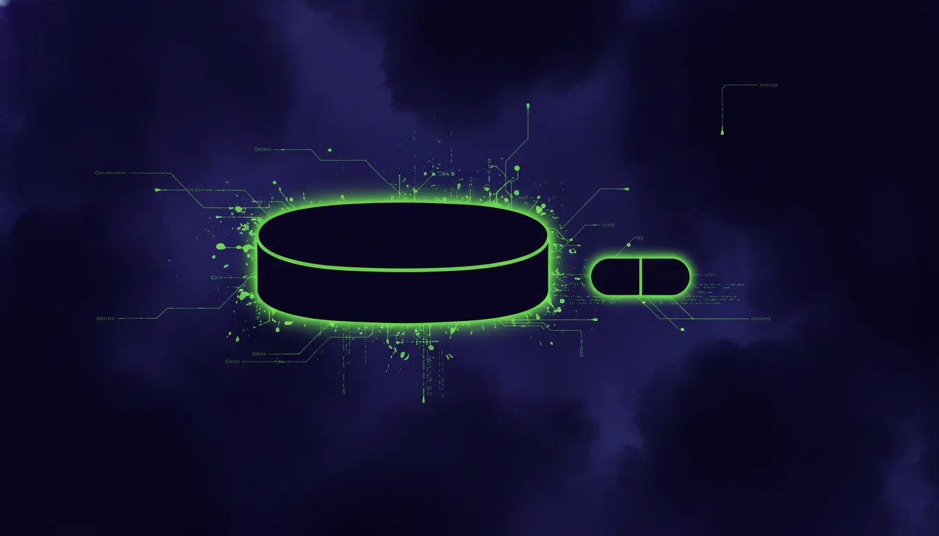 A minimalist illustration of a pill and capsule representing the pharmaceutical sector.
