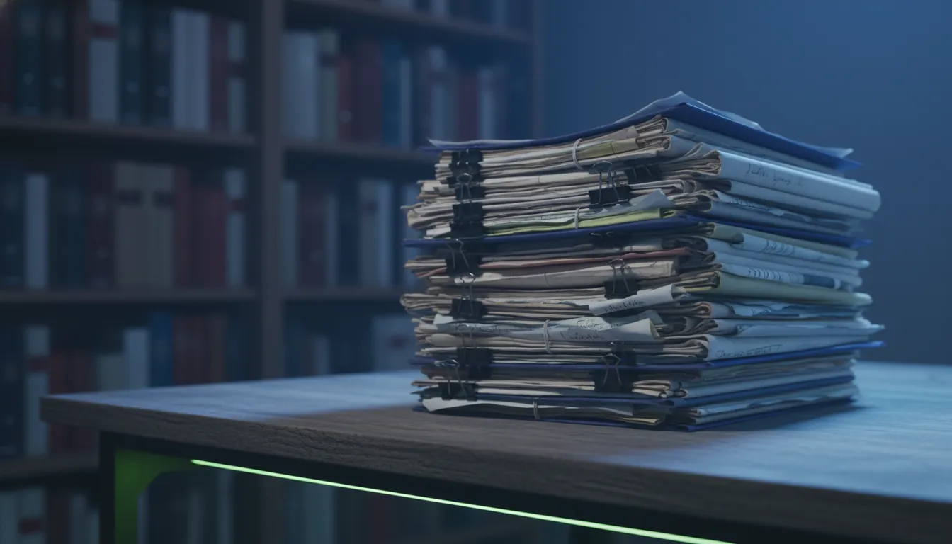 A stack of medical records on a desk in a dimly lit office