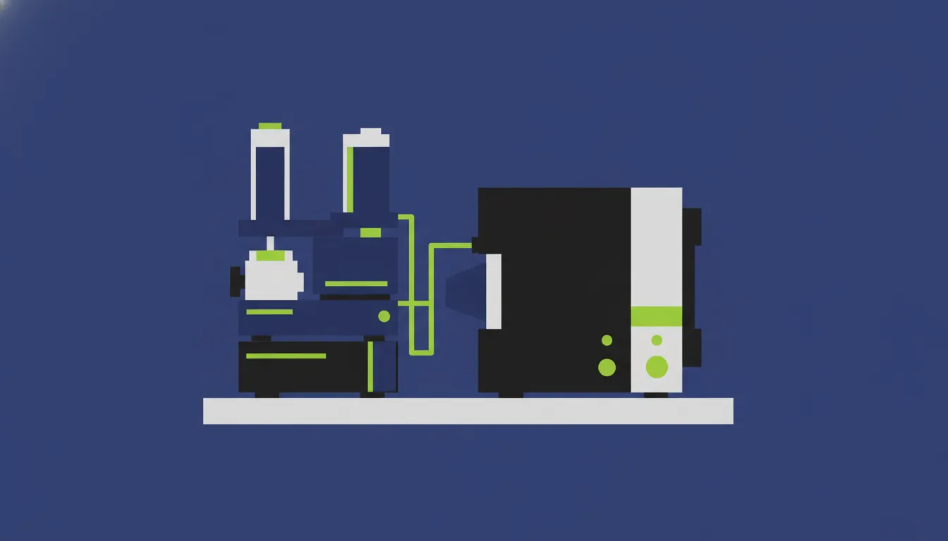 Flat illustration of HPLC and mass spectrometry systems in a lab setting