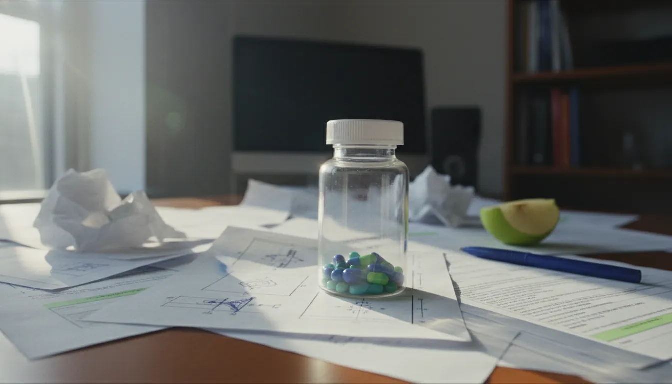 A pill bottle on a desk with patent documents in a natural light setting.
