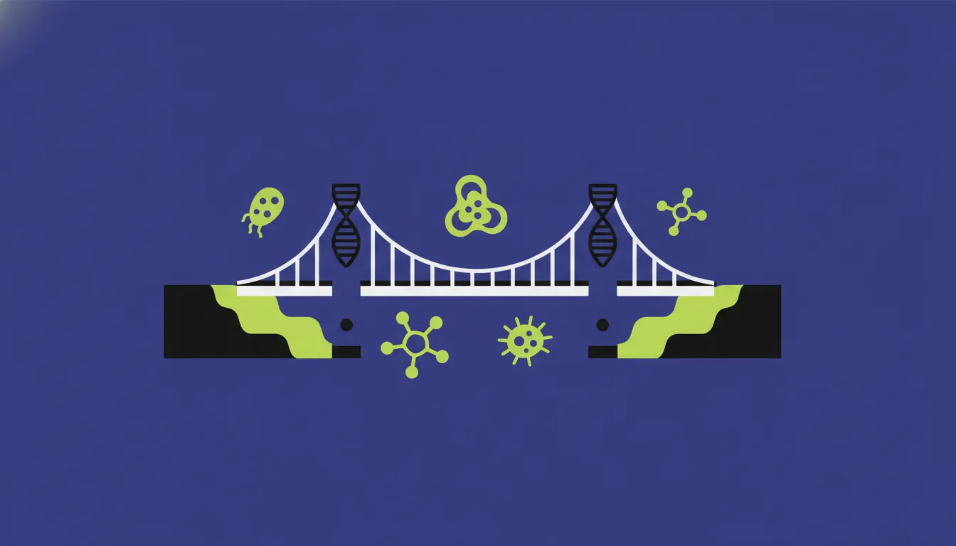 A minimalist illustration of a bridge representing collaboration in biotechnology.