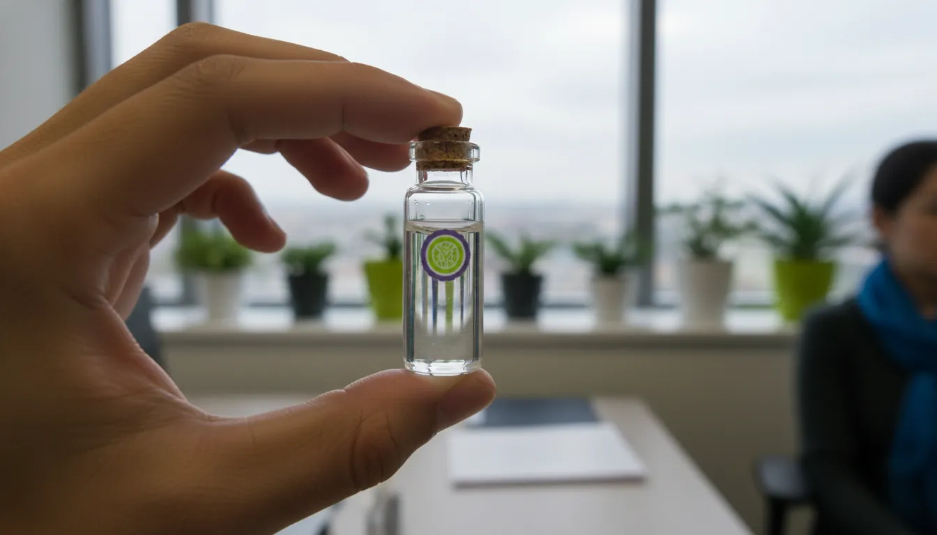 A hand holding a vial in an office setting