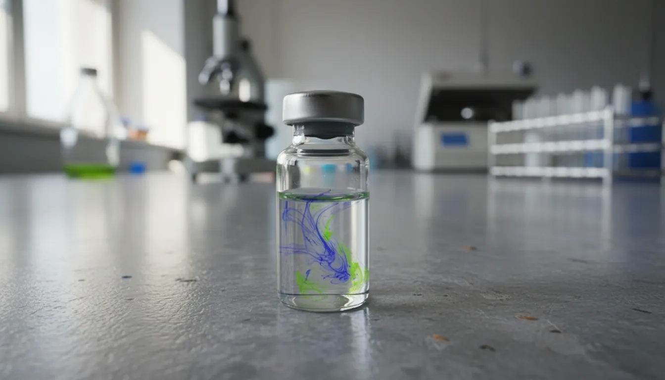 A biologic drug vial in a lab setting